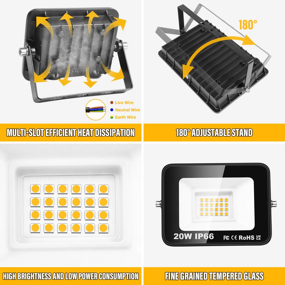 RIGIDON 20W Faretto LED da Esterno, 2000LM Faro LED Esterno Impermeabile IP66, Faretti LED Lampada Luce Bianca Naturale 3000K Luci di Sicurezza per Terrazza Giardino Corridoio Garage