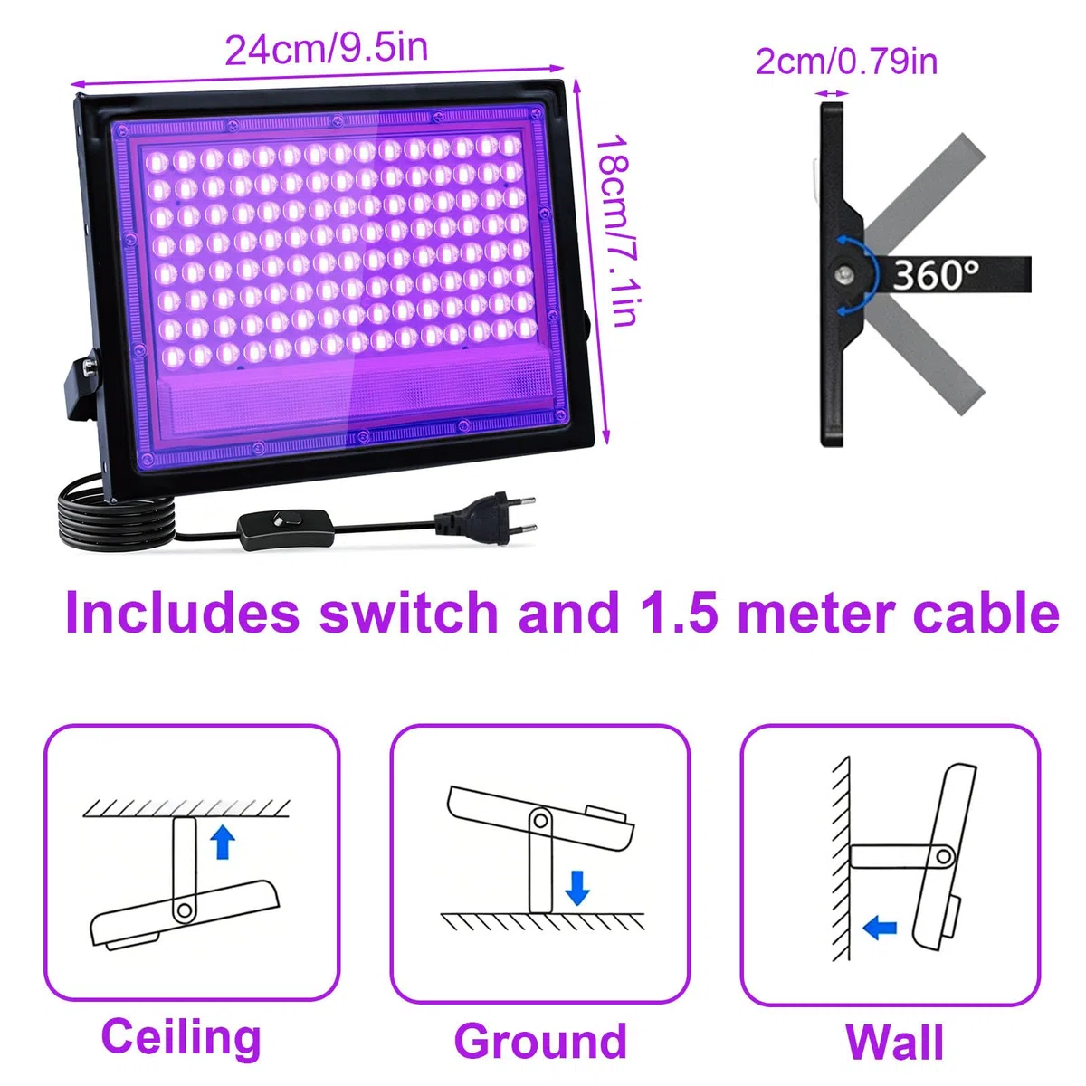 Faretto UV LED 100W, IP66 Impermeabile Luce Nera, 395-400NM LED Luce Nera UV con 1,5m Spina Interruttore per Halloween, Pittura Del Corpo, Poster Fluorescente, Bar, Acquario