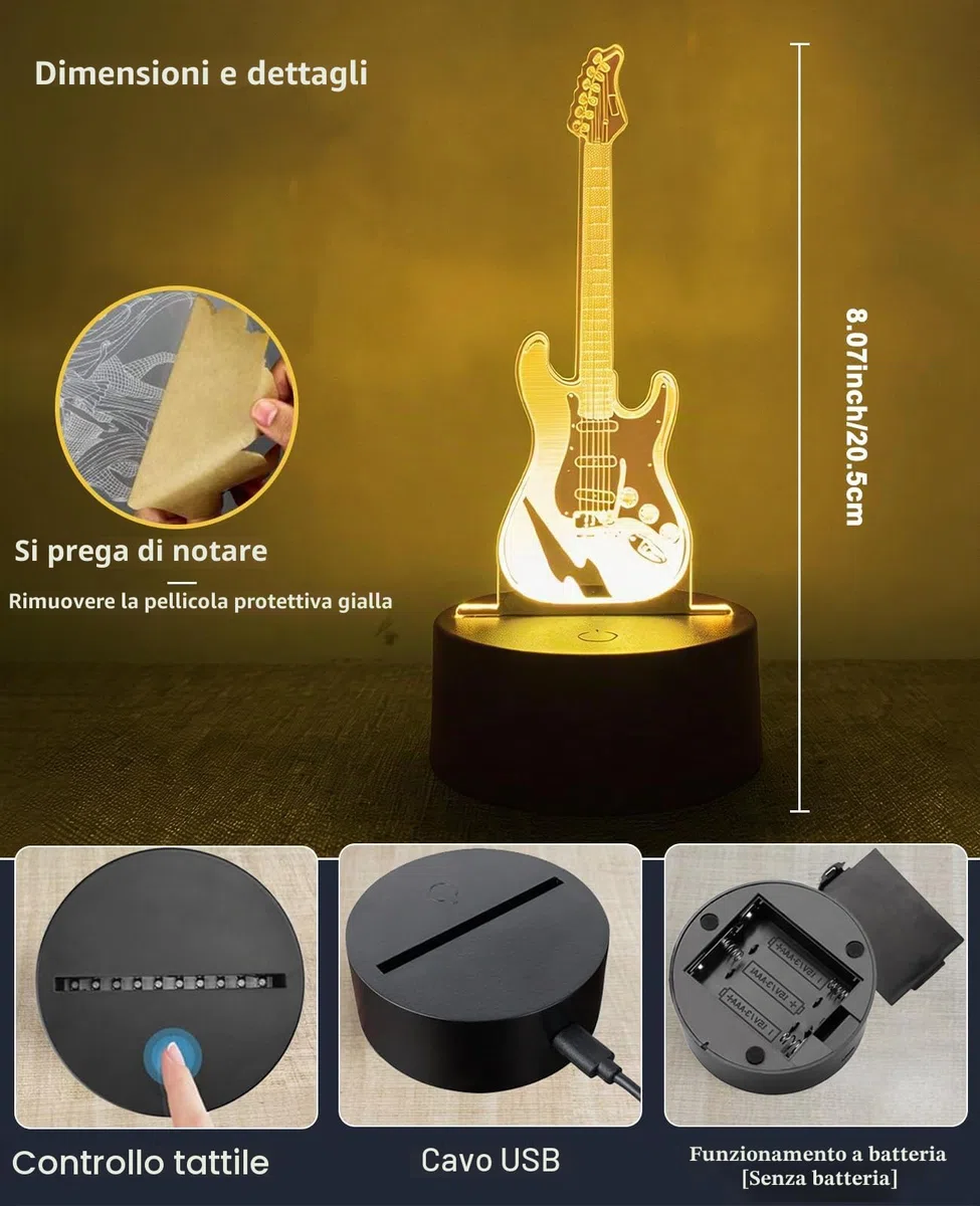 Lampada 3D Chitarra, Lampada LED Comodino Intelligente 7 Colori, Luce Notturna Adolescente Decorativa Per Camera Da Letto, Regalo Compleanno Per Ragazzi E Ragazze