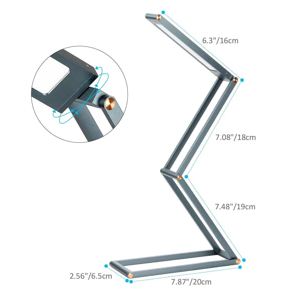 ELZO Lampada da Tavolo LED in Alluminio, Luce da Lettura Dimmerabile Lampada da Scrivania Portatile Pieghevole con Cavo USB Testa Girevole, Blu Grigio Scuro