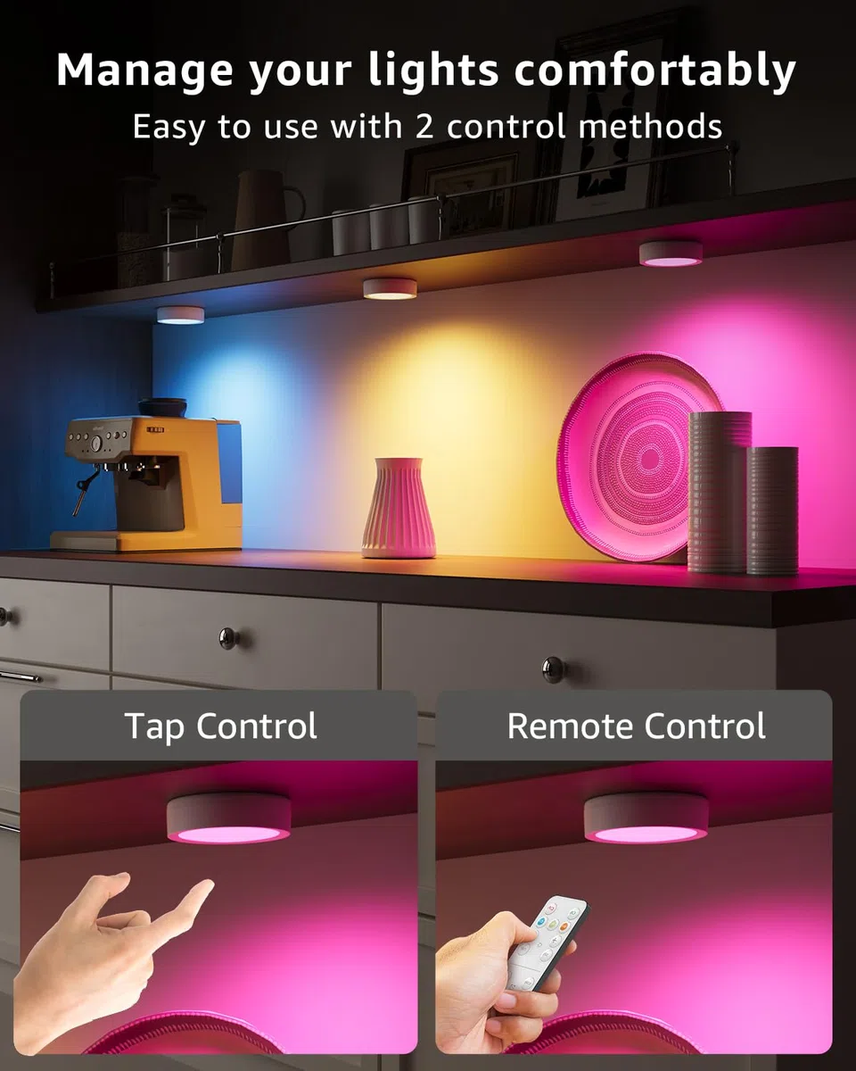 Faretto RGB a Batteria Ricaricabile con Telecomando, 2400mAh Luci Armadio Colorate Luce Vetrina Senza Fili Lampada Notturna USB Illuminazione per Sottopensile Cucina, Scale, Guardaroba, Sotto Mensola