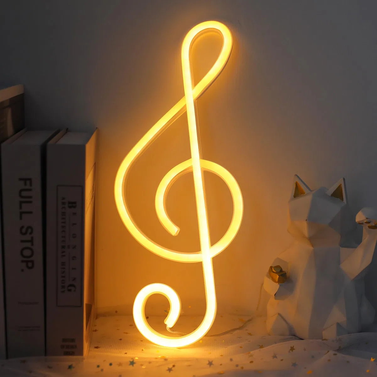 ENUOLI Lampada al neon a LED a forma di nota musicale a batterie/USB, lampada da parete al neon per la cameretta dei bambini, decorazione per bar, feste, Natale, matrimonio (bianco caldo)
