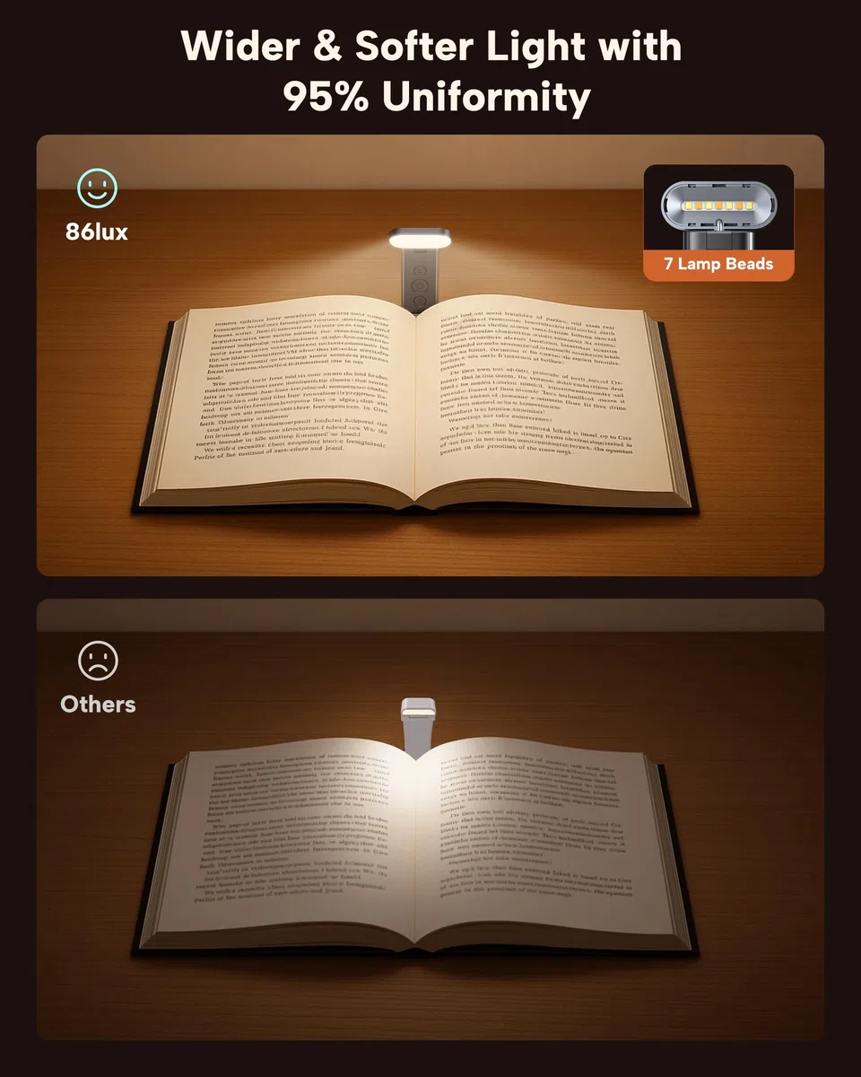 86lux Book Light, Reading Light for Book in Bed, USB Rechargeable LED Night Light with 3 Colors & Limitless Dimming, Aluminum Alloy Bookmark Light for Book Lovers, Christmas Gift, Black