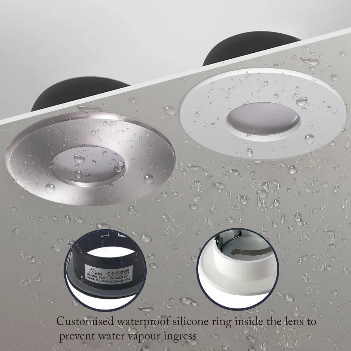 IP65 Faretto da Incasso per Bagno, Colore Bianco (Lampadine non Incluse), GU10 Impermeabile (Incluso Attacco GU10), AC 220-240 V, Apertura 68 mm, Confezione da 1 Pezzo