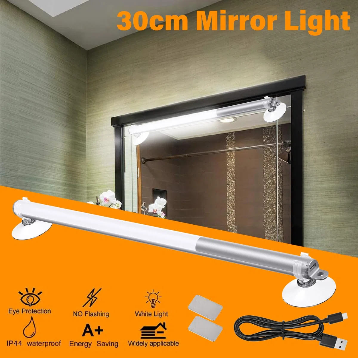 GAOUTO Lampada da trucco LED ricaricabile tramite USB, lampada a specchio LED dimmerabile, lampada a specchio moderna per bagno e toeletta