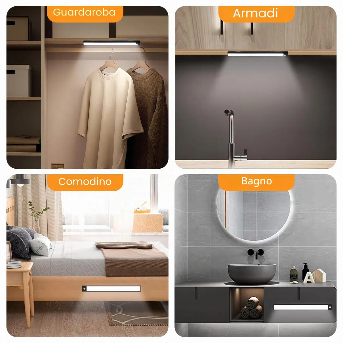 Luce Armadio LED con Sensore, Lampada Guardaroba Luce da Esposizione USB, Led Sottopensile Dimmerabile, Luci Notturne LED Armadio Senza Fili, Lampada Magnetica per Cucina Garage Corridoio (Nero)
