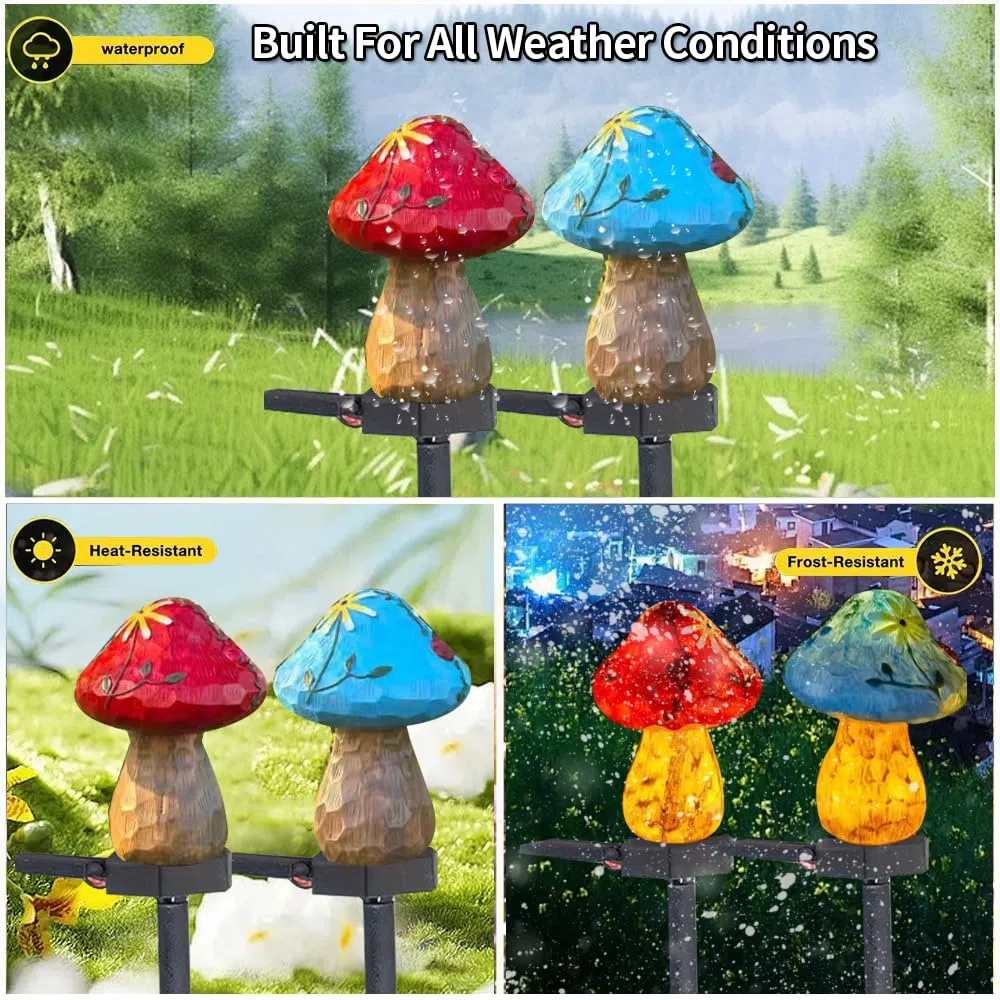 2 pacchetto solare alimentato rosso e blu funghi luci da pavimento, giardino decorativo resina lampada funghi carino, tramonto senza fili all'alba luci LED impermeabili.