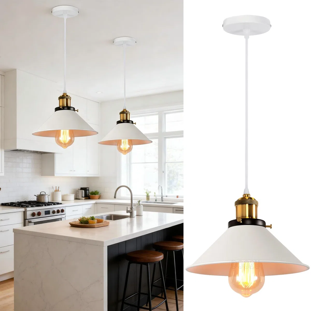 Lampadario a sospensione Vintage industriale, Moderno Lampada da soffitto E27 Plafoniera in Metallo Ø22cm Grigio Paralume per Sala Cucina Camera da Letto (Bianco - 1 lampada)