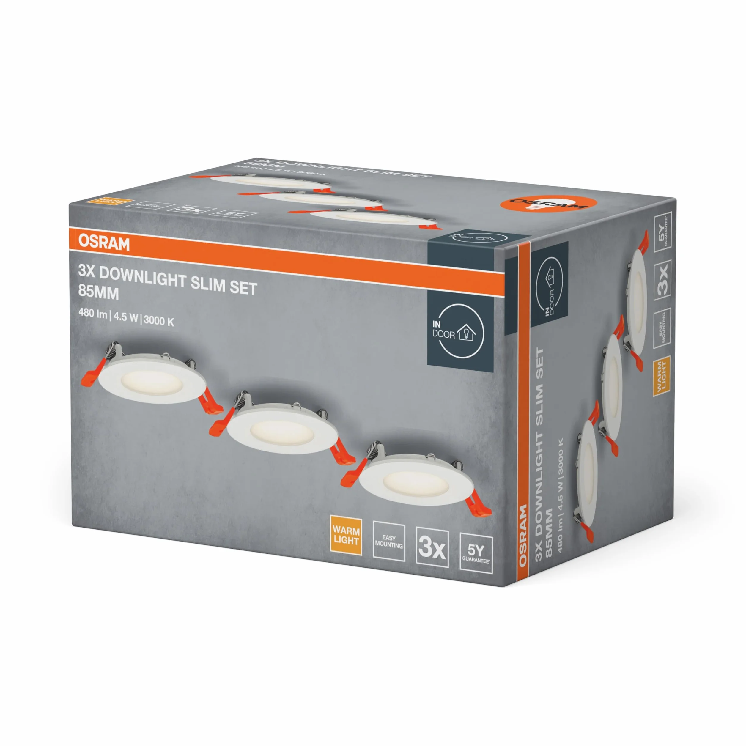 OSRAM Set di faretti ad incasso con driver integrato, 3x85mm 3000K bianco, in plastica, protezione IP20 per applicazioni in interni, accessori di montaggio inclusi