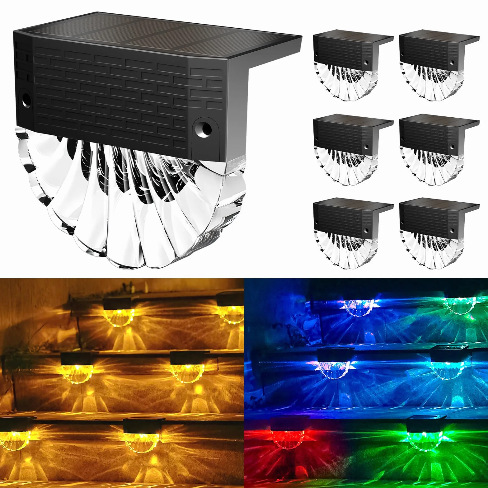 FIFlying Luci Solari da Giardino, 6 Pezzi Luce Solare Led Esterno, IP65 Impermeabile Lampade Solari da Esterno, 3 Modalità, Auto ON/OFF per Gradini Cortili Prato Vialetto, Bianco Caldo/RGB