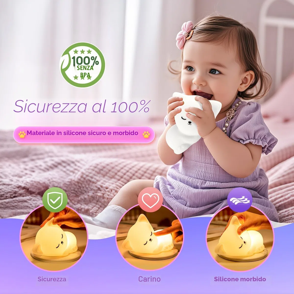 One Fire Luce Notturna Bambini, 16 RGB Colori+Telecomando+Ricaricabile Luce Notturna Bambini, Portatile & Senza Fili, Lampada Gatto Neonato Cameretta