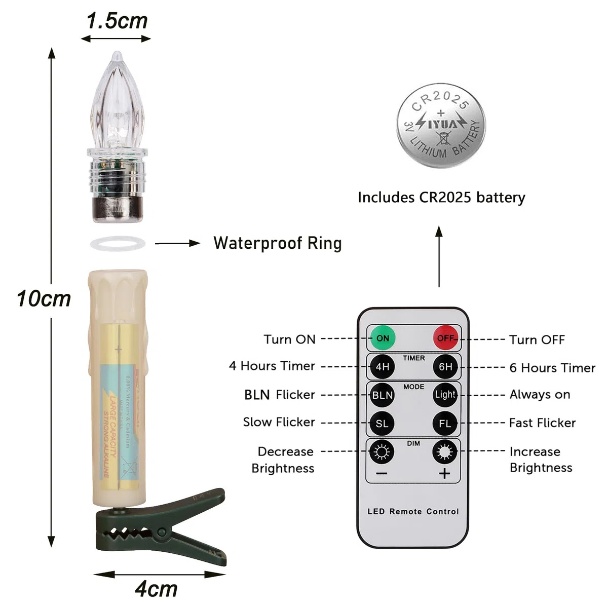 FREEPOWER 10 Candele LED Albero di Natale con Telecomando Timer Fiamma Tremolante, Senza Fili, Luce Bianca Calda, Dimmable, Interni Esterni Impermeabili, Decorazioni Natalizie（Include 10 batterie）