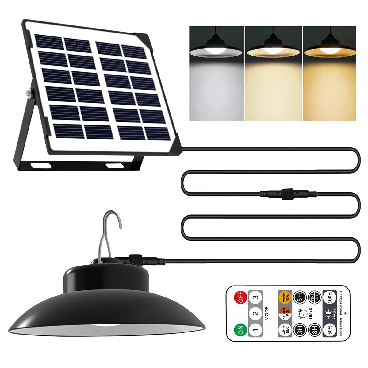 Lampada solare con telecomando, 3 temperature di colore, IP65, impermeabile, a sospensione per giardino e terrazza