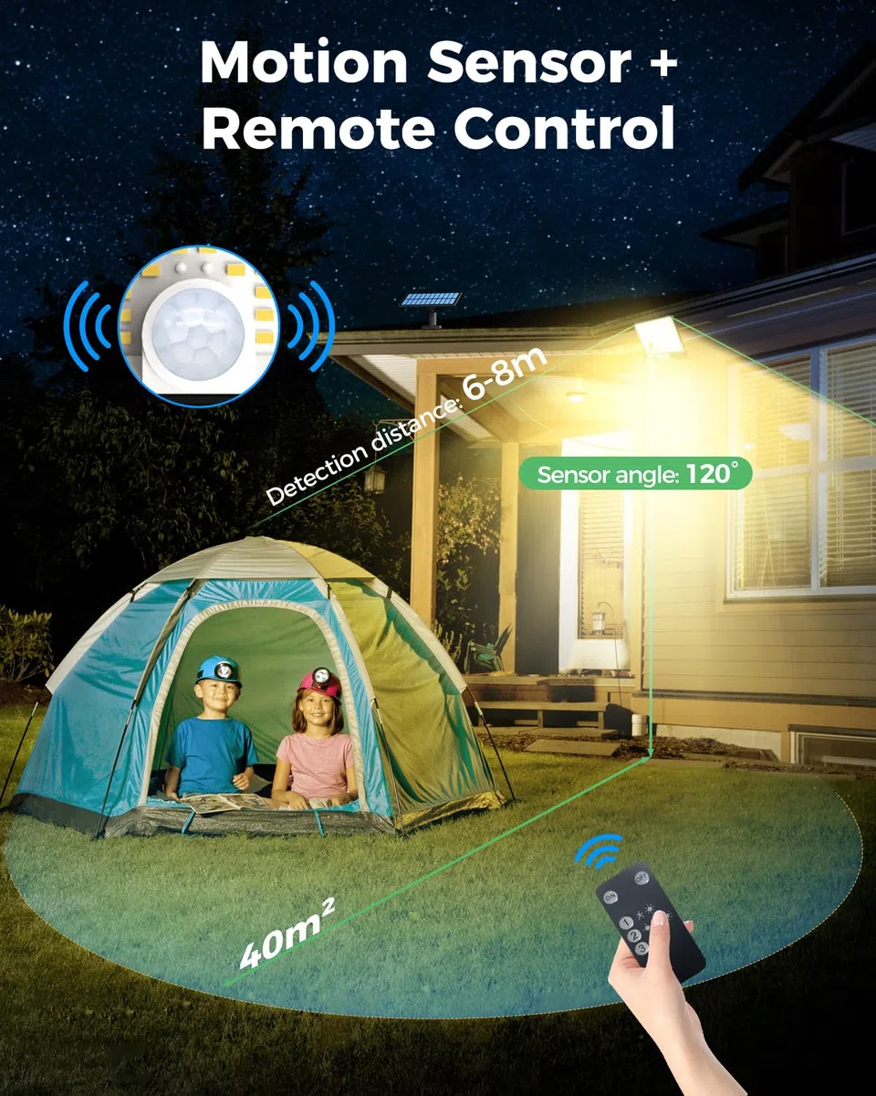 LOTMOS 342 LED Faretti Solari a Led da Esterno, Luce Solare con Sensore di Movimento Impermeabile IP65, 3 Modalità Faretto Led da Esterno Solare con Telecomando per Giardino, Bianco Caldo