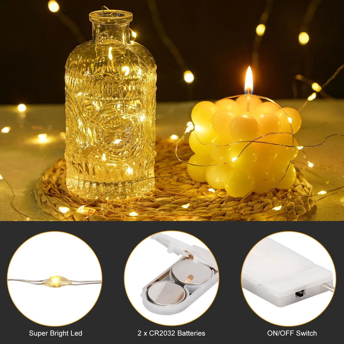 Luci LED a Batteria, 20 Pezzi Luci Stringa 1M Filo di Rame con 10 LEDs Catena Luminosa Natale per Esterni e Interni, Casa, Feste, Matrimonio, Bianco Caldo