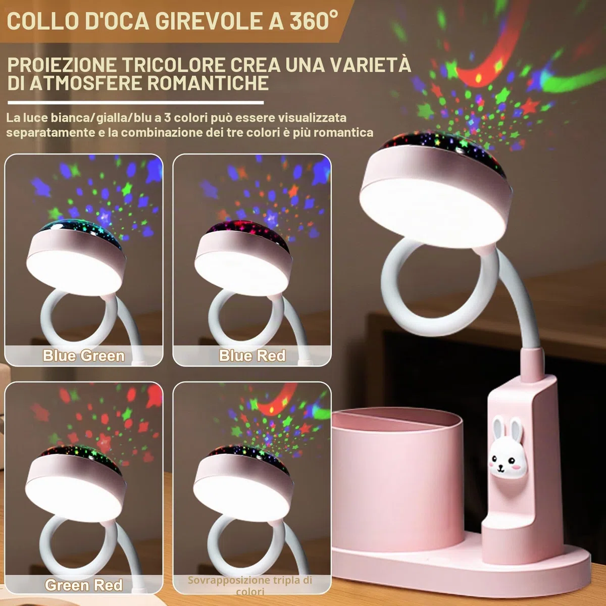 lampada da scrivania per bambini, studio con proiezione cielo stellato, comodino a LED con portapenne, ricaricabile USB, collo di cigno, dimmerabile, varie livello luminosità