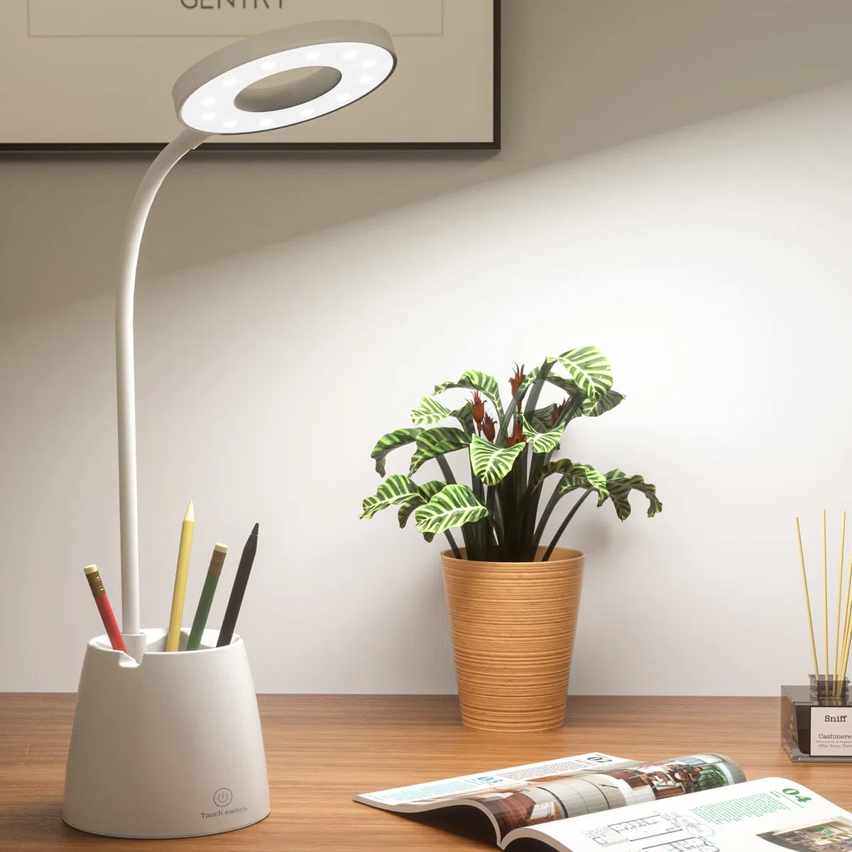 Lampada da Scrivania LED, Lampada da Tavolo con Occhi-Cura, Lampada da Lettura Dimmerabile con 3 Modalità di Illuminazione, Lampada Scrivania Ricaricabile Girevole con Portapenne