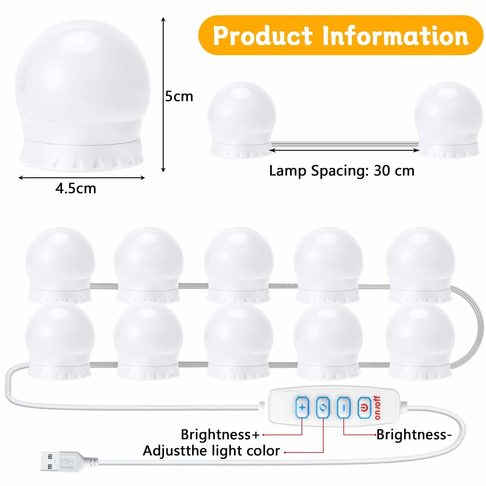 Auauraintt 10 luci LED per specchio dimmerabili Hollywood, 3 colori regolabili, lampada da toeletta, lampada da trucco, adatta per specchio da trucco, spogliatoio, bagno [classe energetica F]