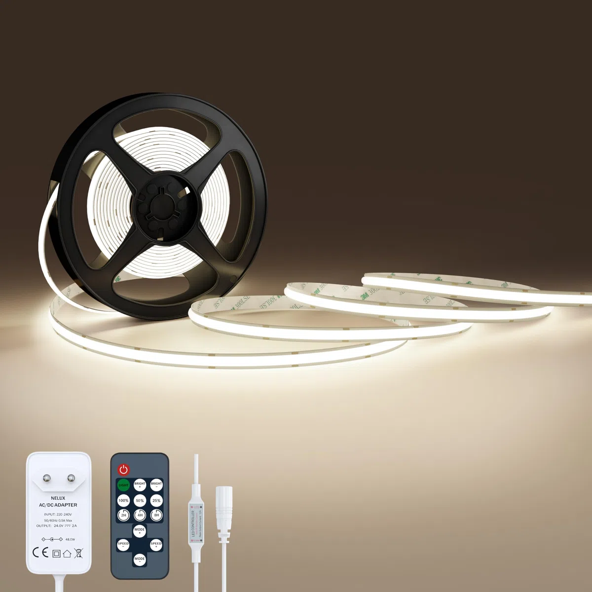 Striscia LED COB 2 Metri Bianco Naturale, Luci LED Strisce Sottopensile Cucina, Camera e TV Light Strip. Luce Interne Adesive Dimmerabili, 480LED/m, 4000K. Include Telecomando, Trasformatore 24V