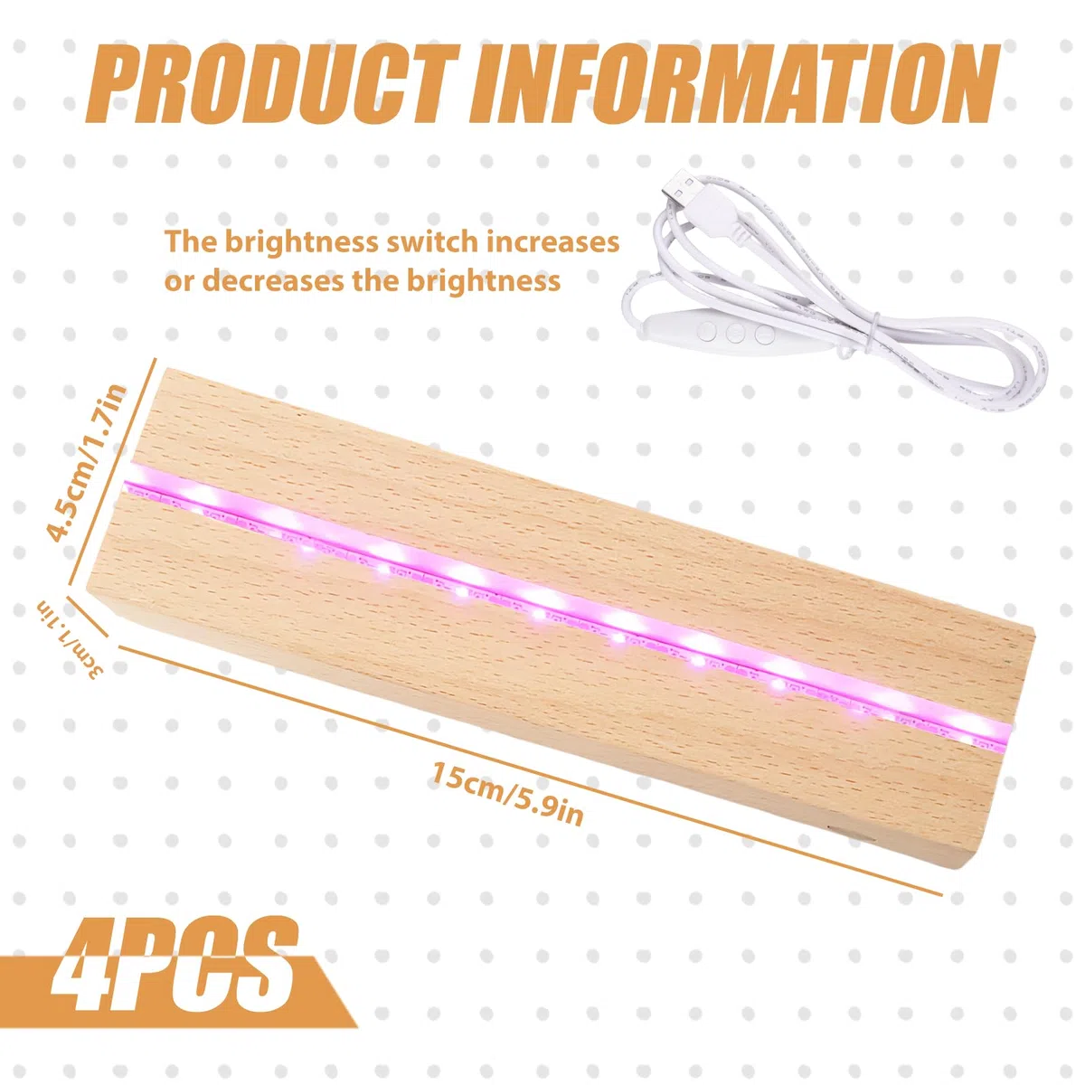 Set di 4 supporti di base LED USB in legno con base a LED da scrivania, con interruttore USB, per piastre acriliche fai da te, per vetro smerigliato, piastra di cristallo