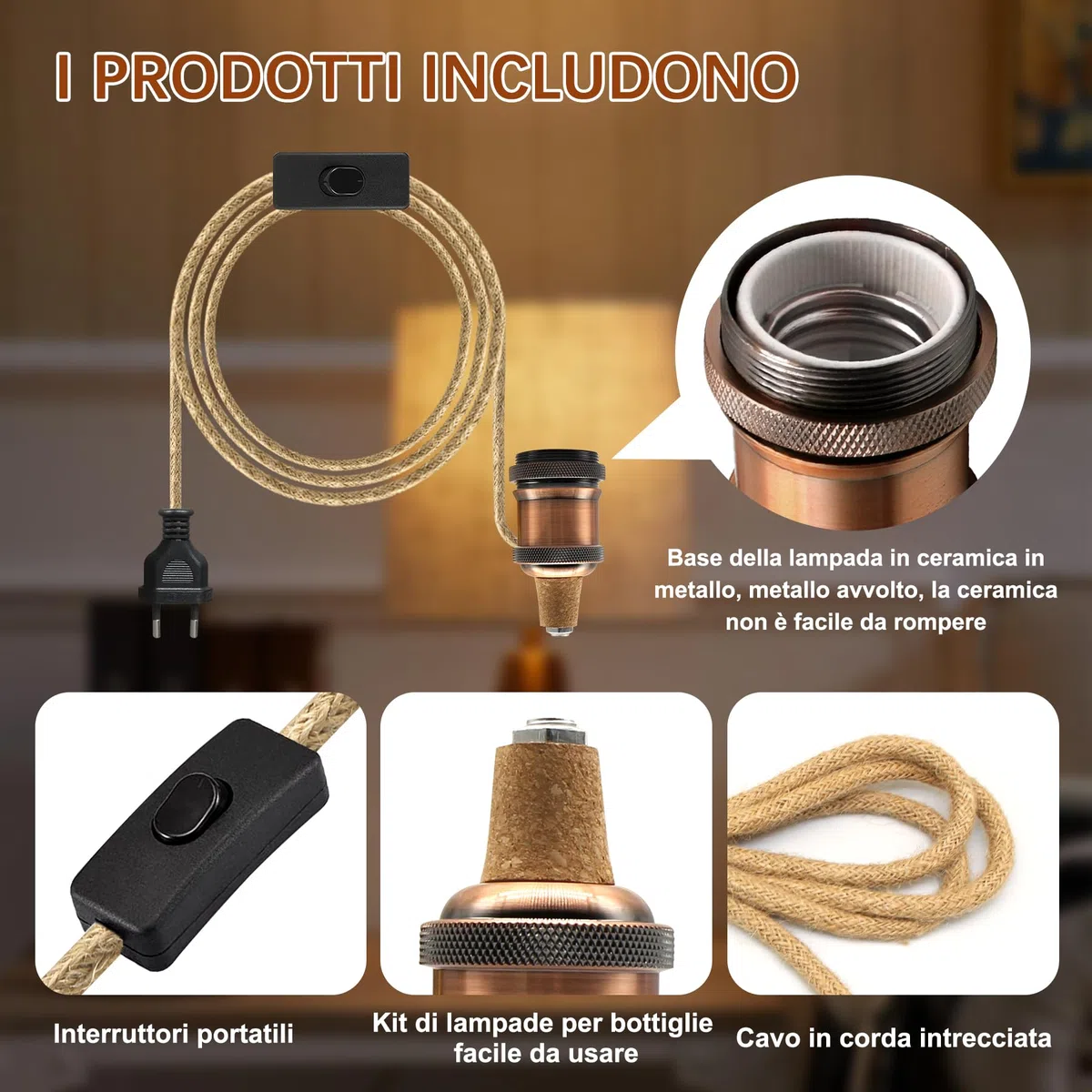 Kit Lampada Per Bottiglia di Vino Con 3 Tappi di Sughero - DIY Lampada da Tavolo, Adattatore Portalampada E27 Con Spina e Interruttore