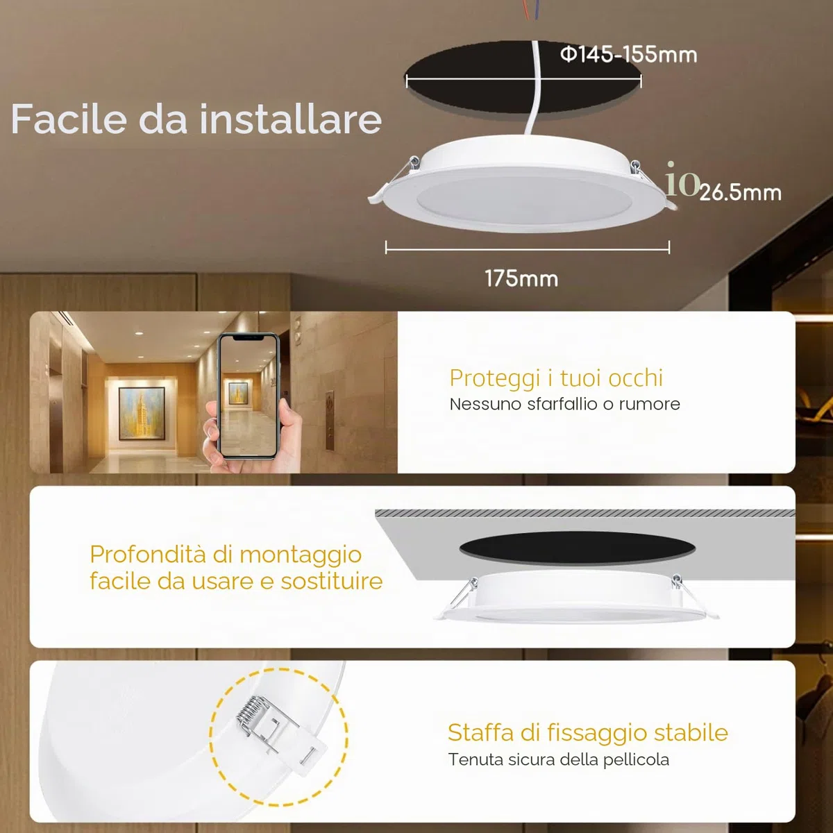Aigostar Downlight Da Incasso a LED, 12W Equivalente a 113W, Daylight 4000K, Faretti LED, Oblò a LED, Ф145-155mm, Confezione Da 2