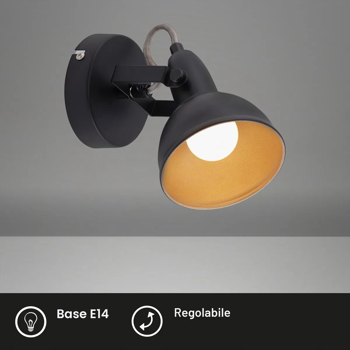 BRILONER - Faretto orientabile Retro Vintage, Lampada da Parete, applique, Attacco E14 Max. 40W Non Inclusa, Paralume Ø10.5cm, Luce da Muro, metallo satinato, Nero/Oro, 100x155mm (DxA)