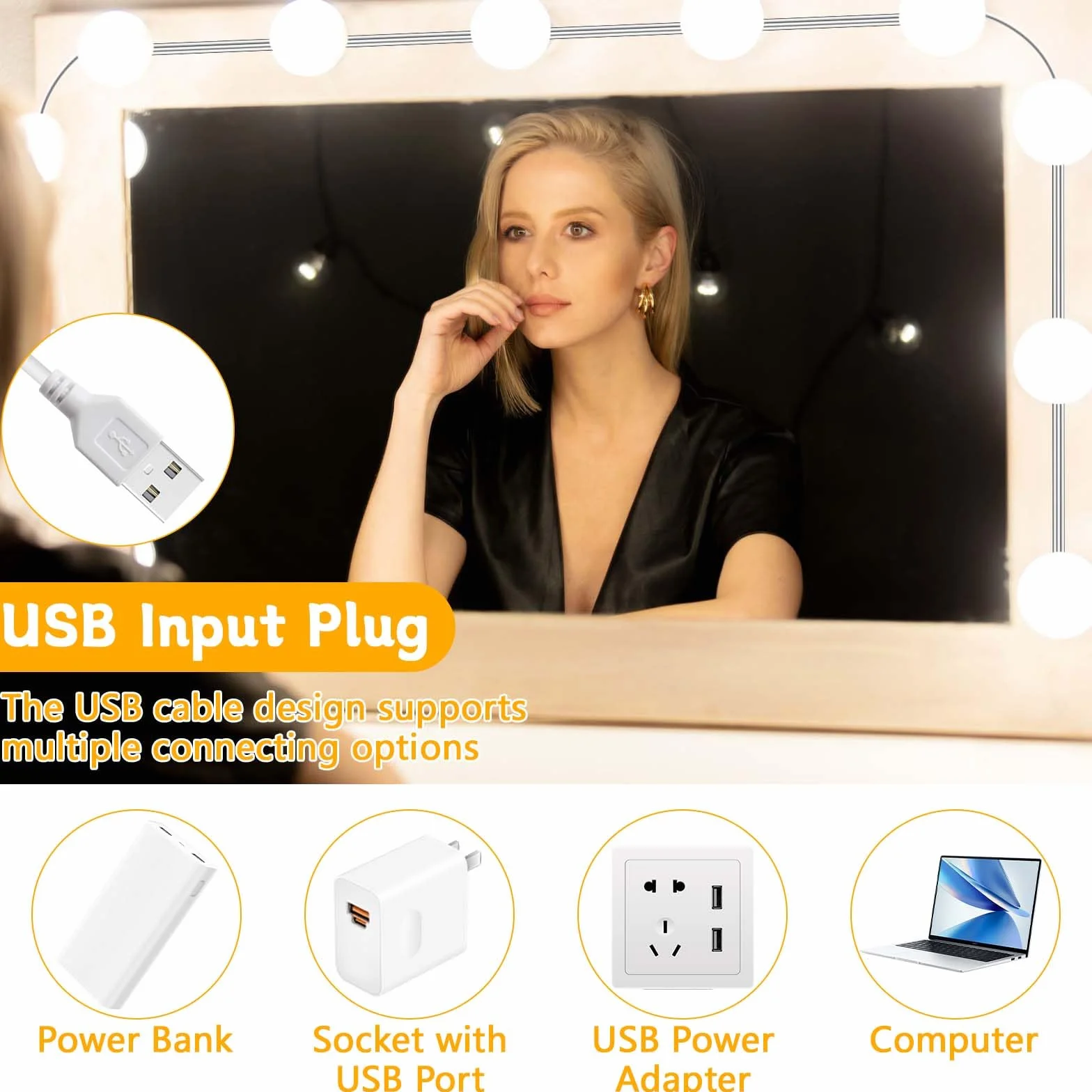 Auauraintt 10 luci LED per specchio dimmerabili Hollywood, 3 colori regolabili, lampada da toeletta, lampada da trucco, adatta per specchio da trucco, spogliatoio, bagno [classe energetica F]