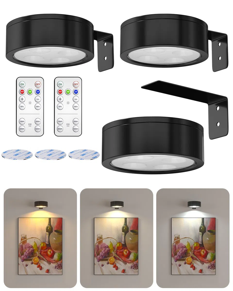 Lustaled Luci per Quadri a Batteria Senza Fili con Telecomando, Luci LED Magnetiche Dimmerabili con Timer, 3 Temperature Colore per Cabine, Dipinti, Arte, Dartboard (Batterie Non Incluse), 3 Pezzi