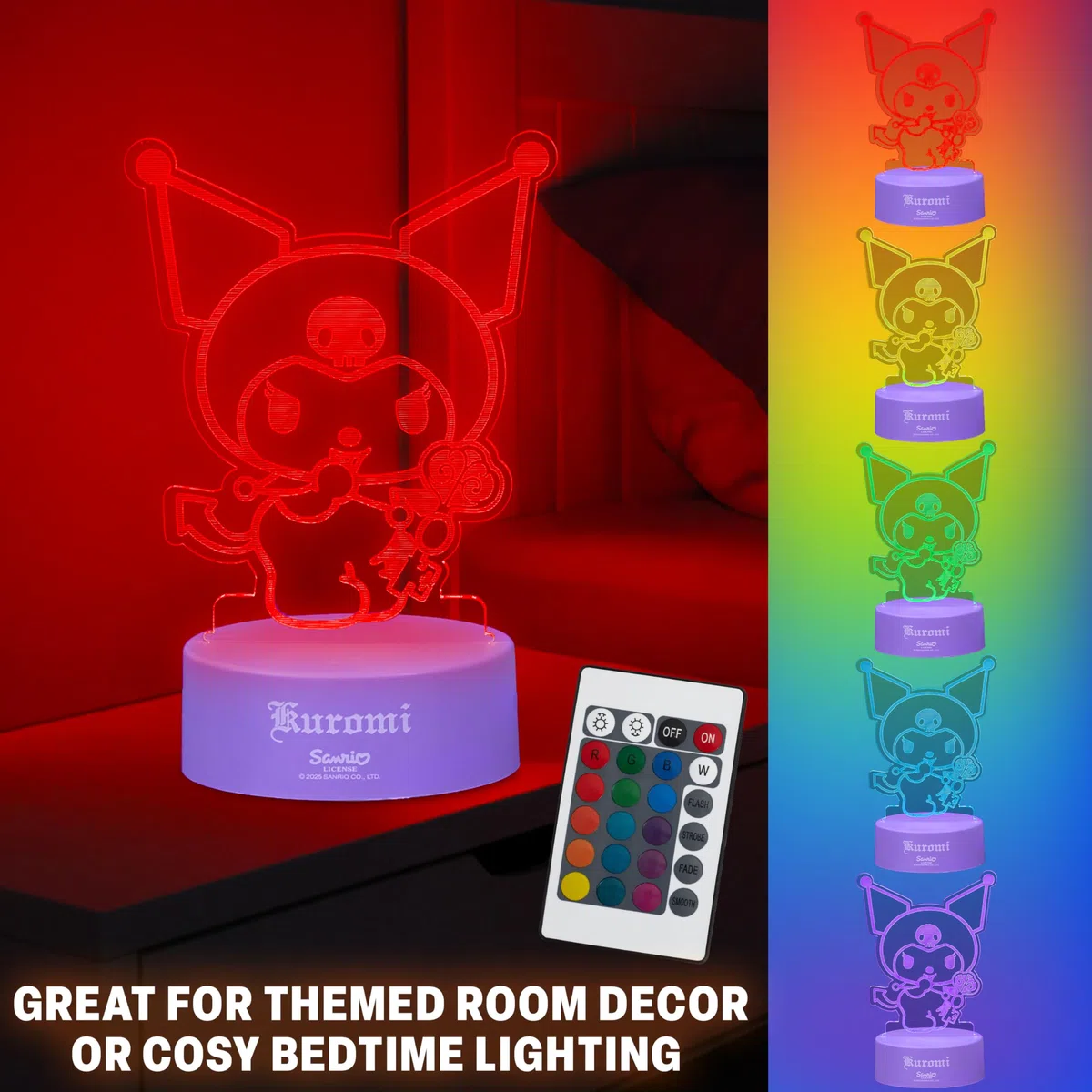Get Trend Kuromi Sanrio LED Luce Notturna, Lampada da Comodino con Luminosità Regolabile, USB Alimentato a Batteria, 16 Colori e 4 Modalità (Multi Kuromi)
