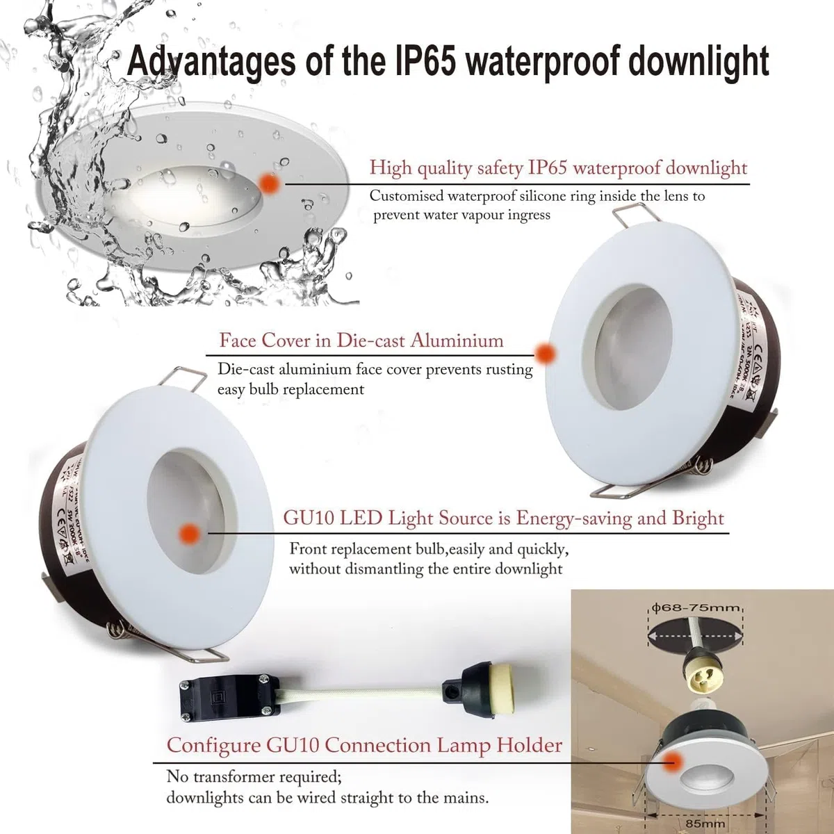 IP65 Faretto da Incasso per Bagno, Colore Bianco (Lampadine non Incluse), GU10 Impermeabile (Incluso Attacco GU10), AC 220-240 V, Apertura 68 mm, Confezione da 1 Pezzo