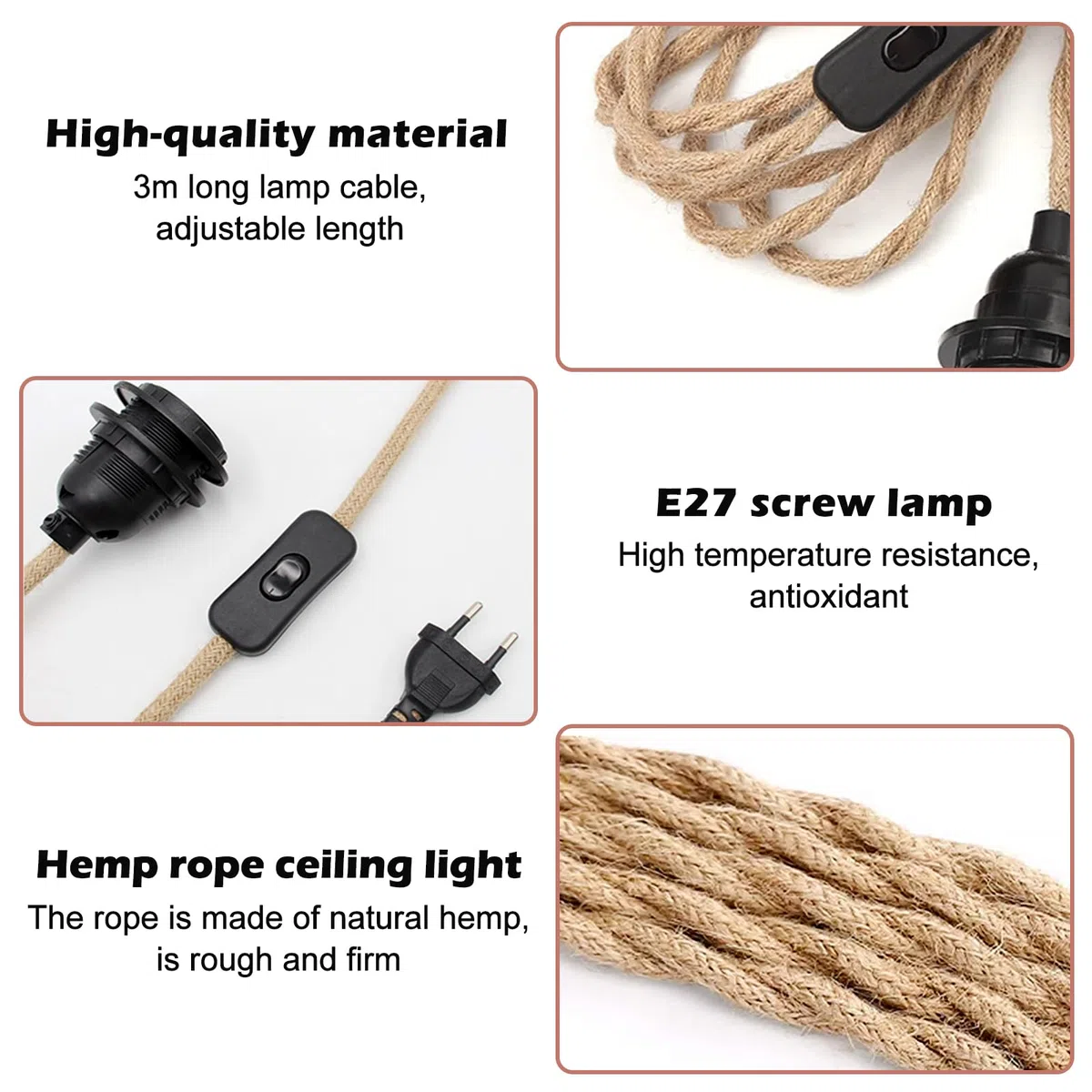 BYZESTY Hanging Kit di Lampade In Corda di Canapa, 3 m Portalampada E27 con Spina E Interruttore, Testa Singola Lampada a Sospensione Cavo Edison Retrò Lampada per DIY Portalampade a Decor