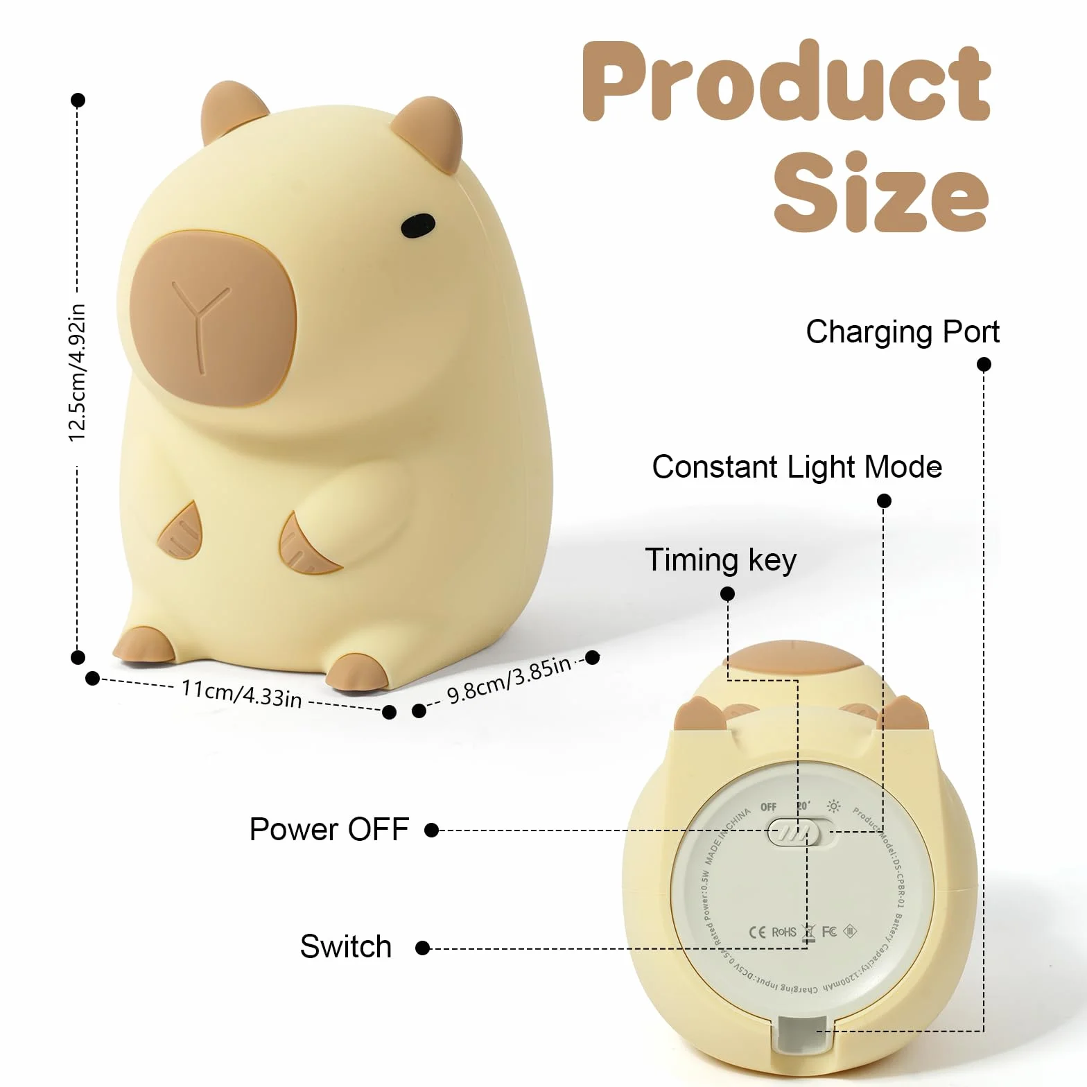 URAQT Capybara Luce Notturna per Bambini, Capybara Lampada Touch Control per Comodino, Ricarica USB e Timer, Dimmerabile Luce Notturna in Silicone, Luce Notturna Neonato Cameretta Bambina Regalo