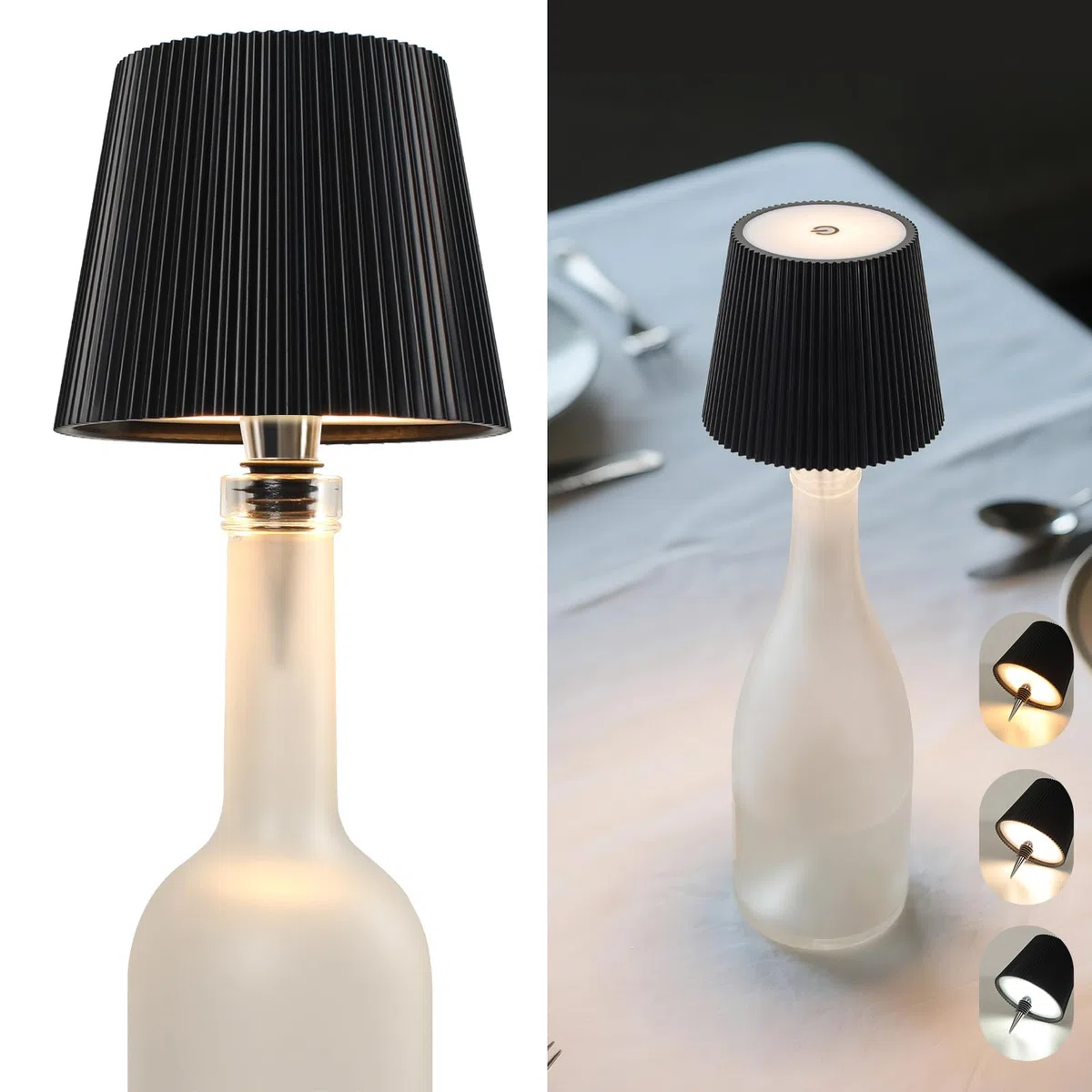 Beaeet Lampada per Bottiglia LED Nero Senza Fili, Touch Dimmerabile 3 Colori, Ricaricabile USB-C, Decorativa per Casa Terrazzo Campeggio Feste Regalo