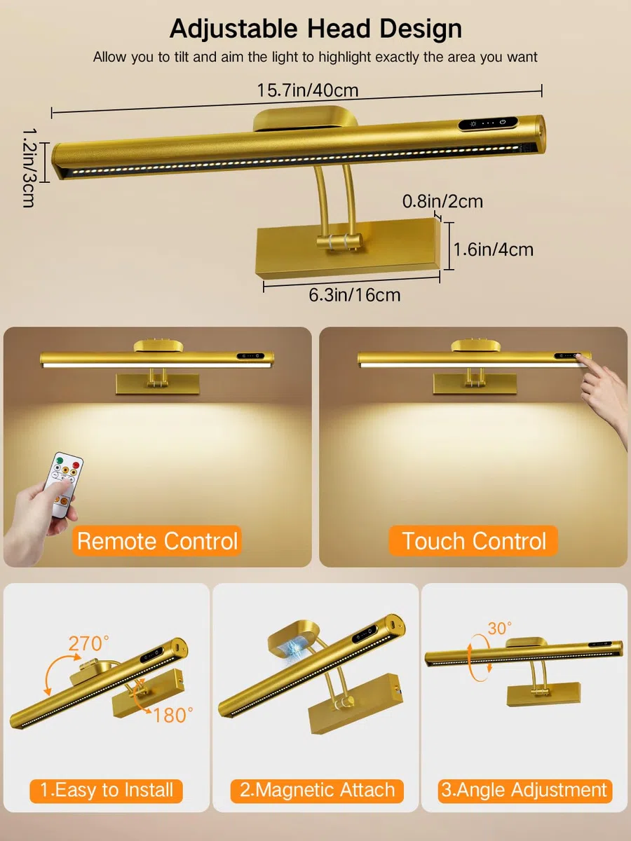 OUTON 40cm Luce LED per Specchio Senza Fili con Telecomando & Touch, Batteria Ricaricabile, Dimmerabile 3-Colore, 4000mAh USB-C, Lampada da Parete per Illuminazione Artistica, Specchio e Armadio – Oro
