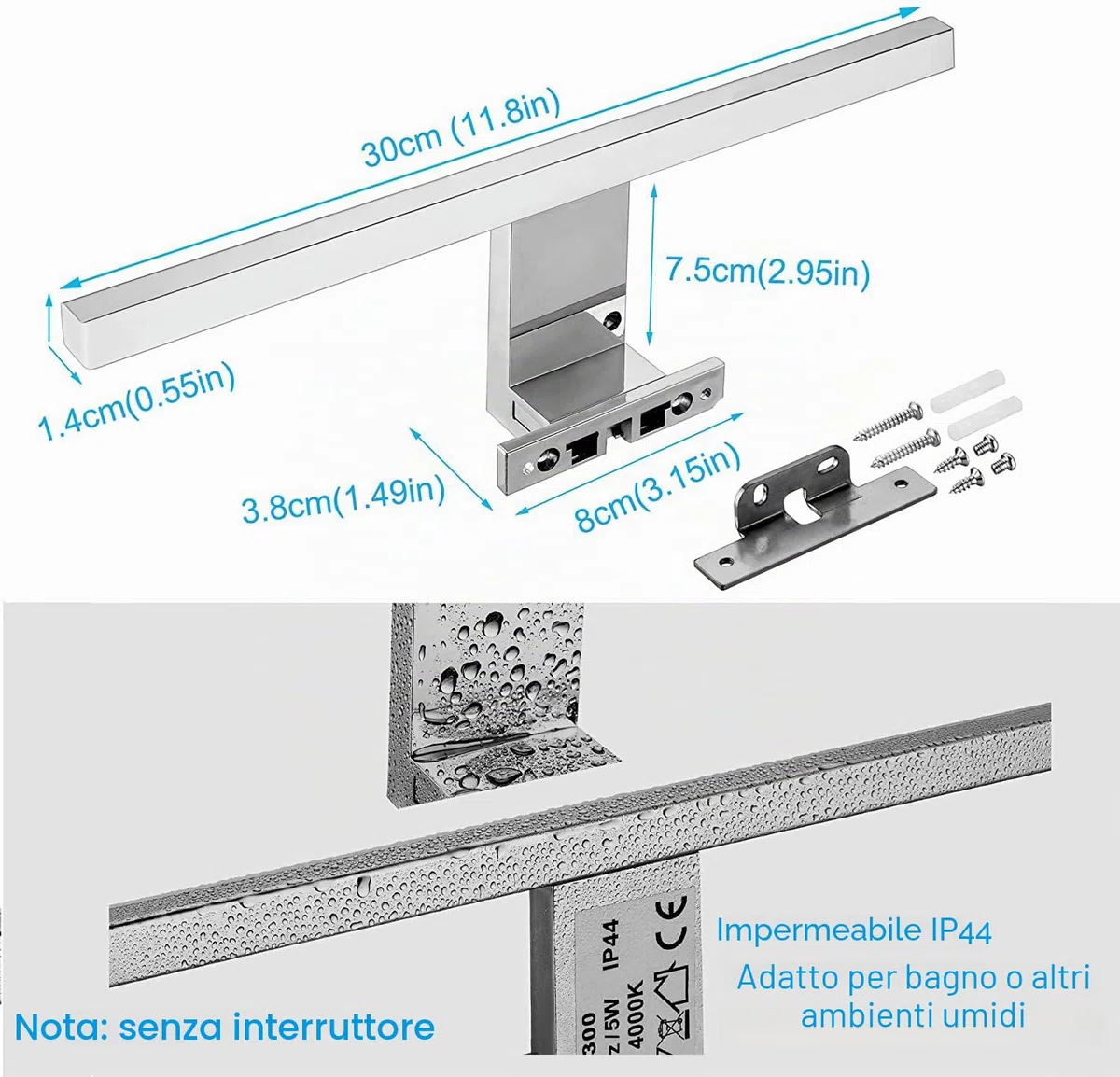 Lampada da Specchio a LED per Bagno 5W 30cm 400LM, Bianco Neutra 4000K Lampada Armadio Applique da Parete IP44 Lampada Specchio Bagno 230V 300x14x14mm