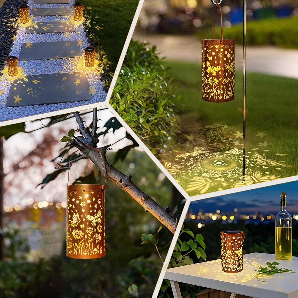 HOTUT Lanterna Solare da Esterno, Lampada Solare da Giardino in Metallo con Farfalla Sospesa, IP65 Impermeabile LED Lanterne di Farfalla, Appendibile Decorative Lanterna per Giardino Terrazza Balcone