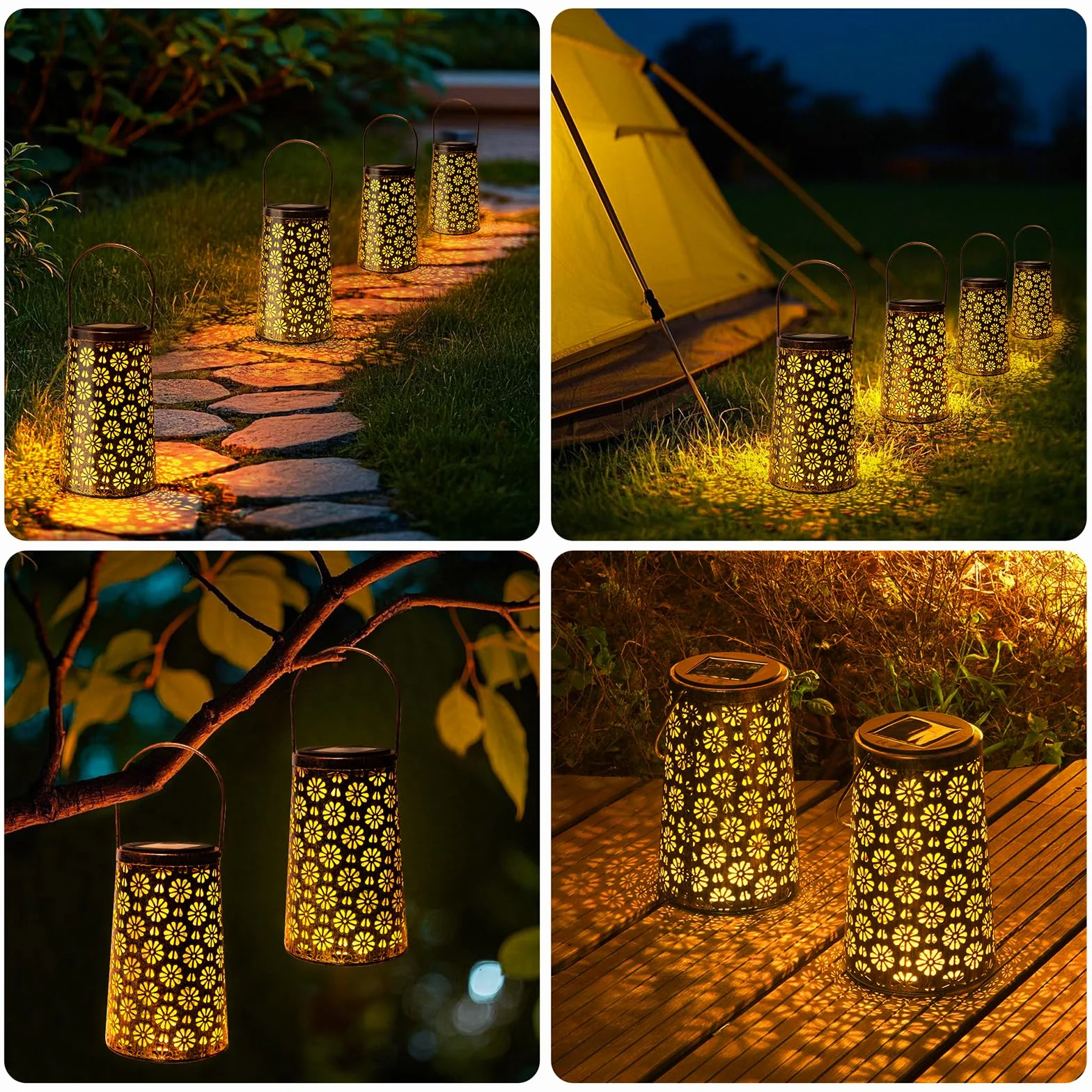 Lanterna Solare da Esterno, 2 Pezzi Metallo Lanterne Solari da Esterno IP65 Impermeabile LED Luce Retro Illuminazione per Esterni Patio Giardino Balcone Terrazza Festa Decorazione