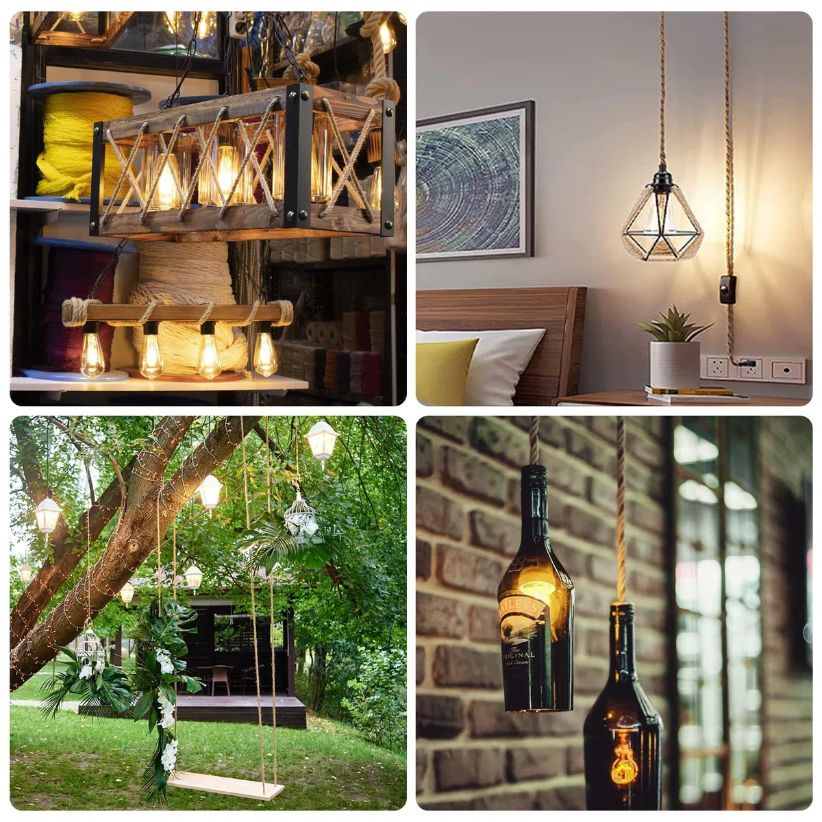 BYZESTY Hanging Kit di Lampade In Corda di Canapa, 3 m Portalampada E27 con Spina E Interruttore, Testa Singola Lampada a Sospensione Cavo Edison Retrò Lampada per DIY Portalampade a Decor