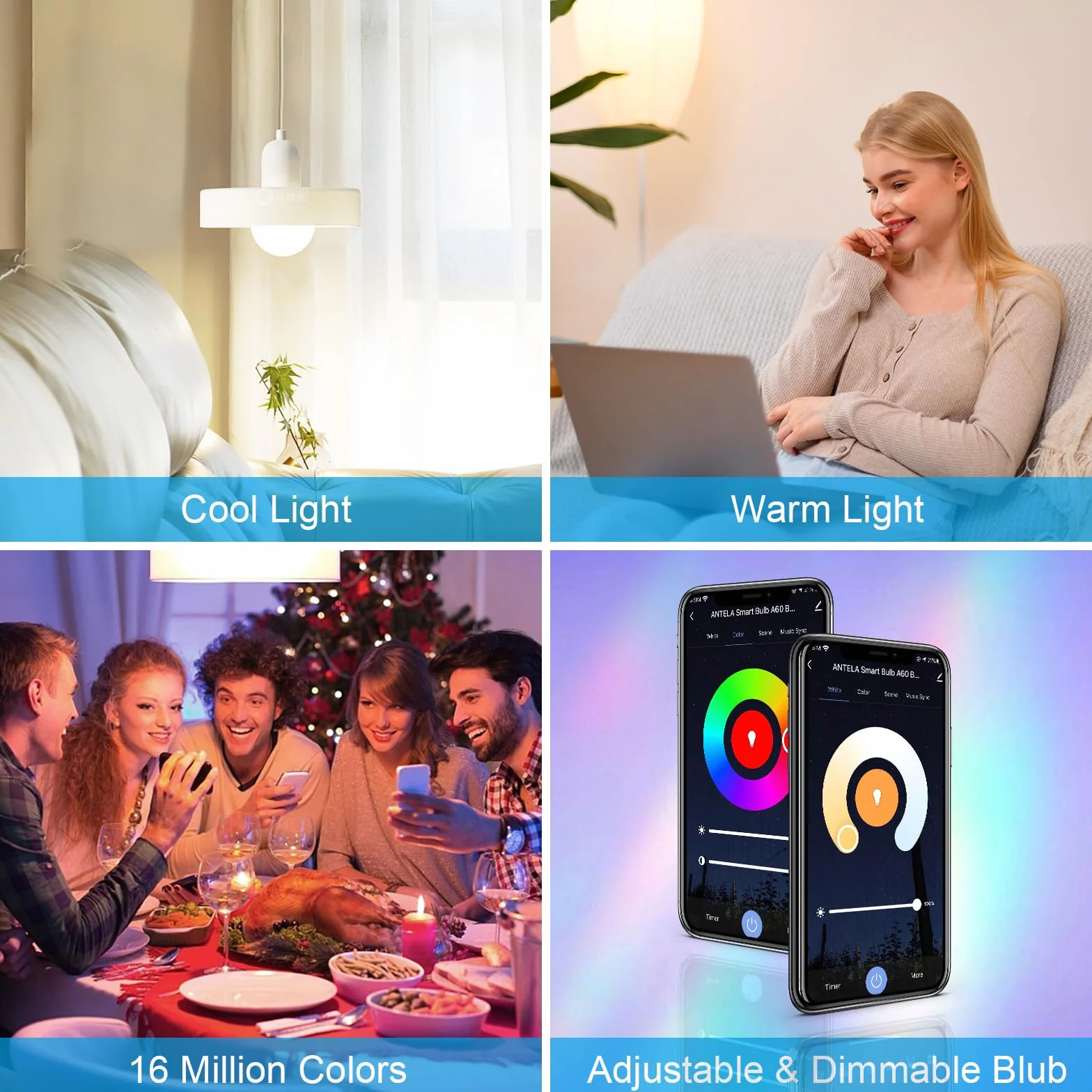 ANTELA Lampadine LED Alexa Inteligente WiFi E27 G45, 4,9W 470LM Dimmerabile RGB & 2700K-6500K Bianco Freddo Caldo, Compatibile con Alexa/Google Home, 2Pezzi