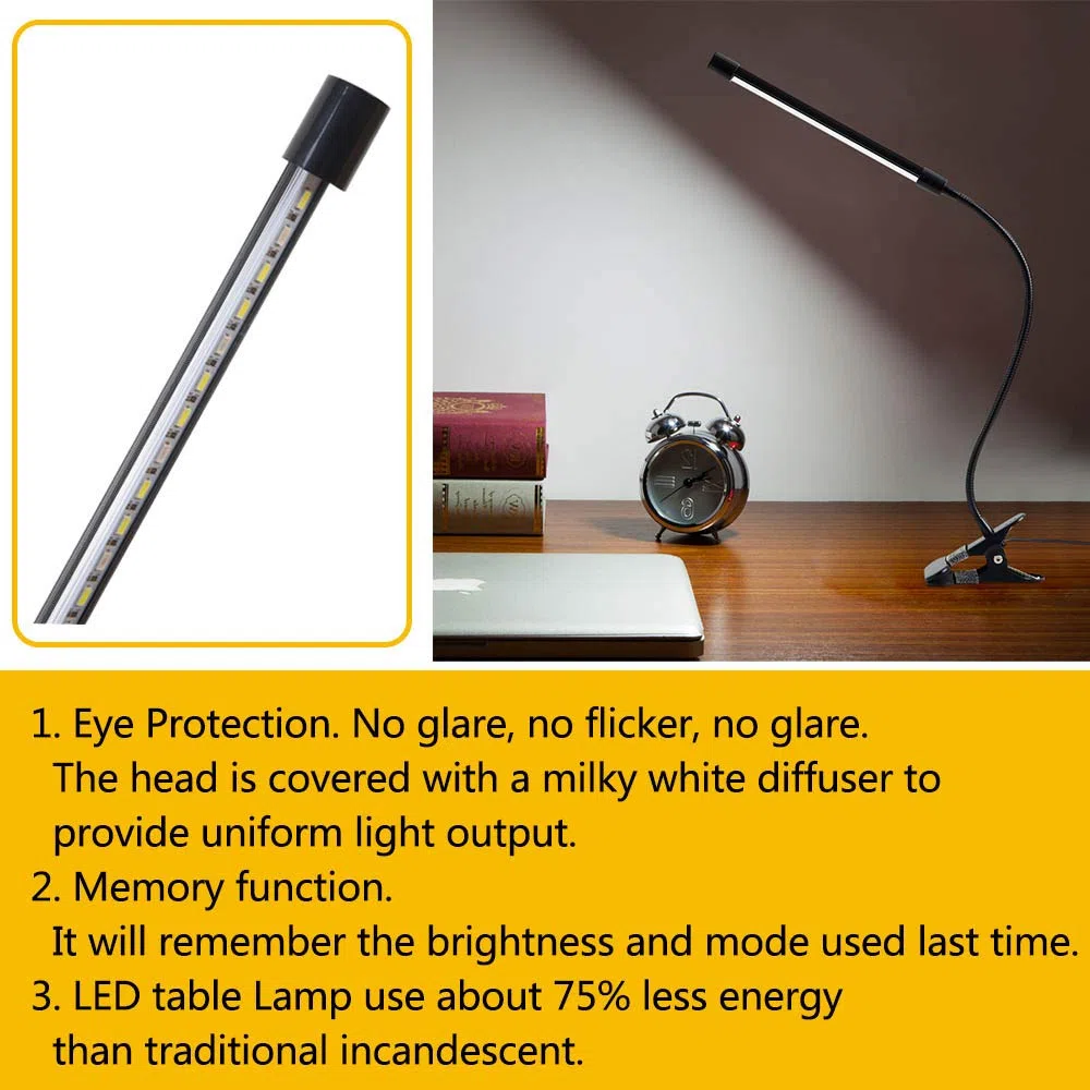 Lampada Lettura Con Clip Luce Da Scrivania Led Con Pinza, 3 Modalità & 10 Livelli Di Luminosità Con Caricatore Usb Flessibile Lampada Portatile Occhi Cura Per Lettura Di Notte Lavoro, 7W (Nero)