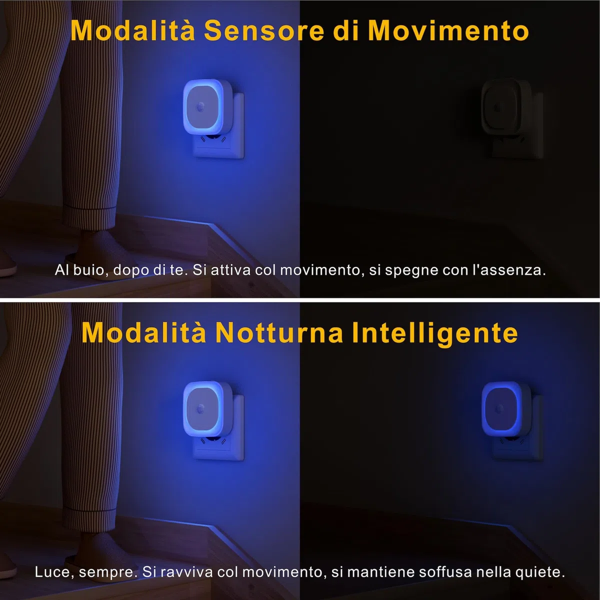 YUNLEX Luce Notturna da Presa con Sensore di Movimento, 3 modalità di sensore, [2 Pezzi] luci notturne dimmerabili per Camera dei Bambini, Bagno, Cucina, Scale, camera da letto, Blu
