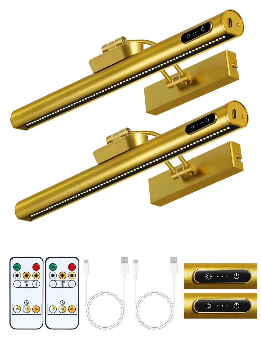 OUTON 40cm Luce LED per Specchio Senza Fili con Telecomando & Touch, Batteria Ricaricabile, Dimmerabile 3-Colore, 4000mAh USB-C, Lampada da Parete per Illuminazione Artistica, Specchio e Armadio – Oro