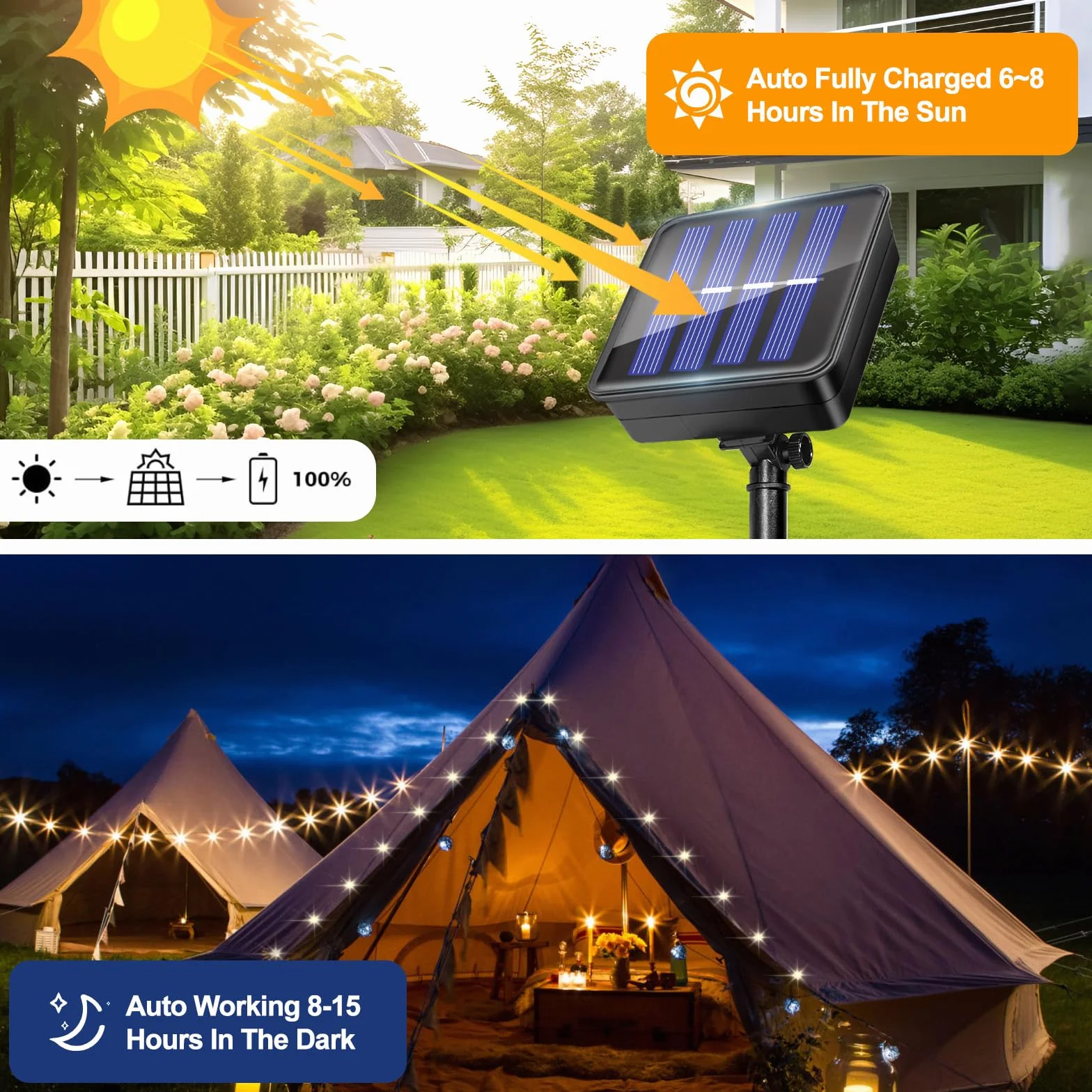 2 Pezzi Luci Solari Esterno, 12M+2M 120LED Catena Luminosa Esterno Solare, 8 Modalità, IP65 Impermeabile Filo di Rame, Decorazione per Giardino, Cortile, Patio, Albero, Natale(Bianco Caldo)