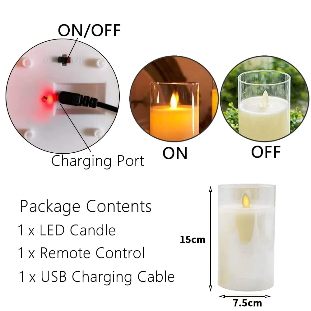 Candele LED, Flickering Flameless Candele, Candele LED a Ricaricabile con Glass, Candele con Telecomando, Realizzato in Vera Paraffina, Funzione Timer 24 Ore per Decorazione,Festa, Vacanze-15cm Bianco