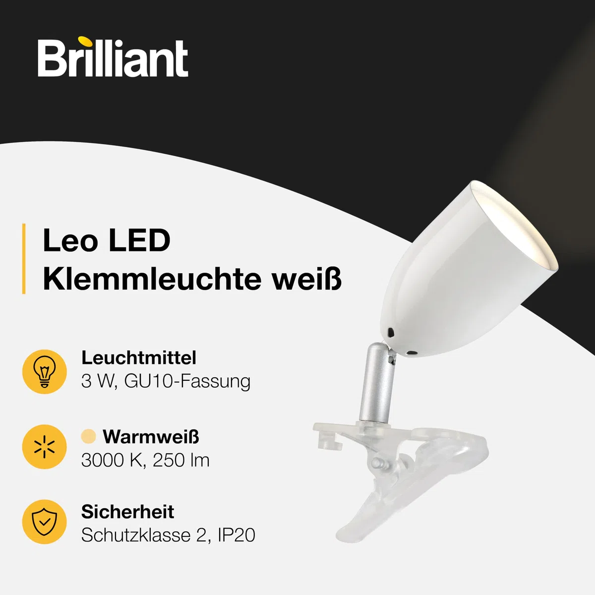 Brilliant Lampe Leo LED clamp light white | 1x LED-PAR51, GU10, 3W LED reflector lamp included, (300lm, 2700K) | With intermediate cord switch [energy class F]