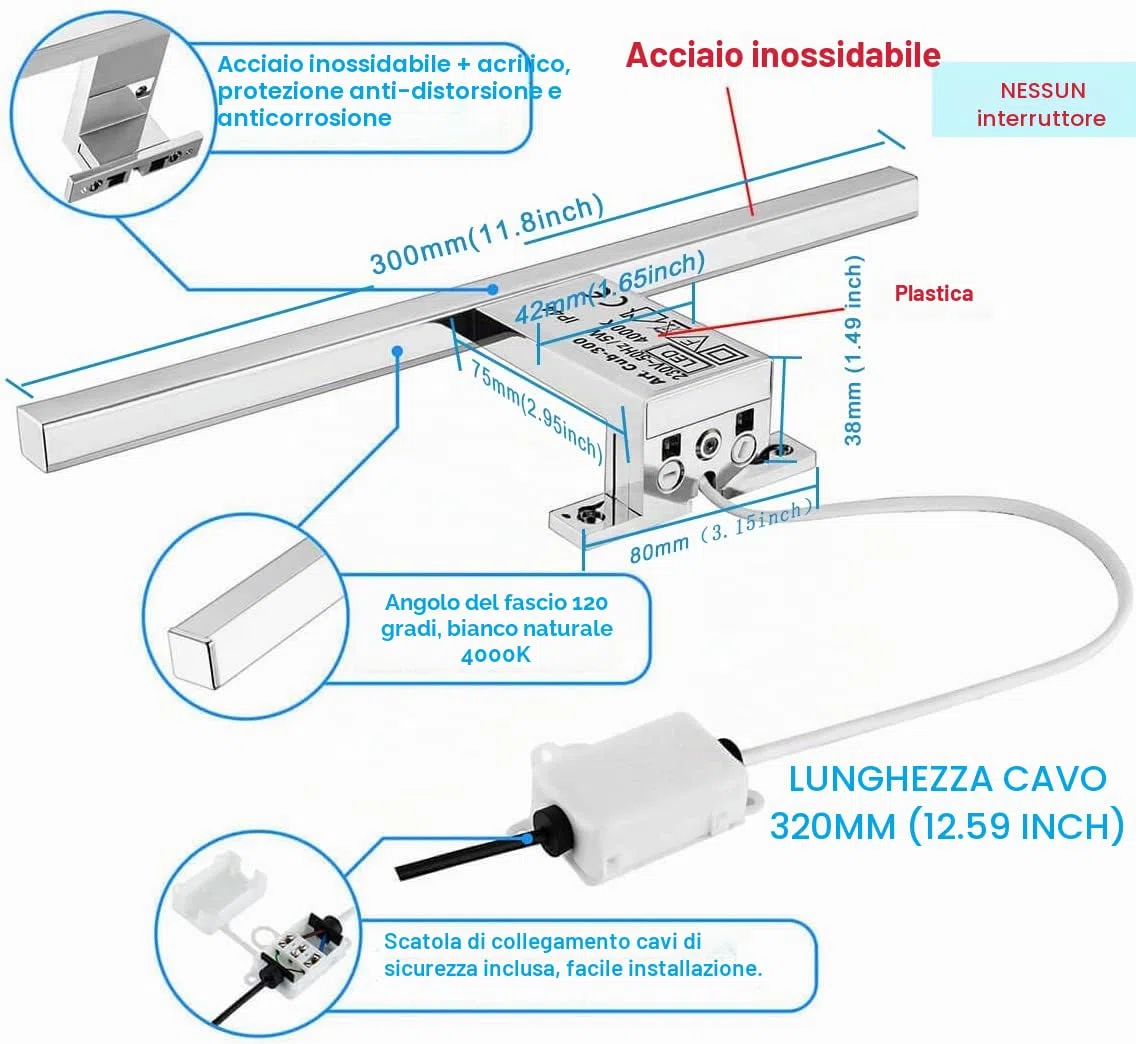 Lampada da Specchio a LED per Bagno 5W 30cm 400LM, Bianco Neutra 4000K Lampada Armadio Applique da Parete IP44 Lampada Specchio Bagno 230V 300x14x14mm