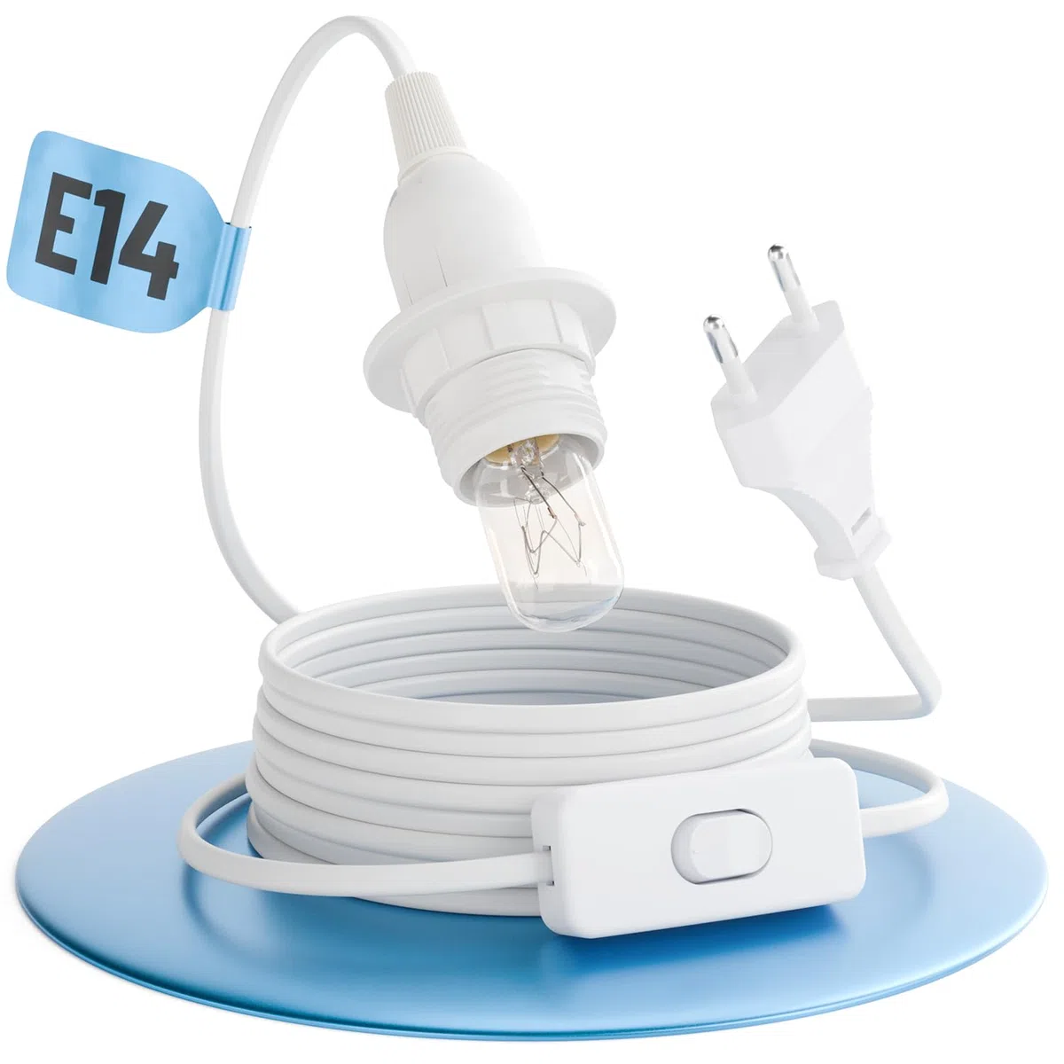 greate Portalampada E14 con cavo e interruttore bianco 3,5 metri - Porta lampadina E14 con spina max. 60W 250V