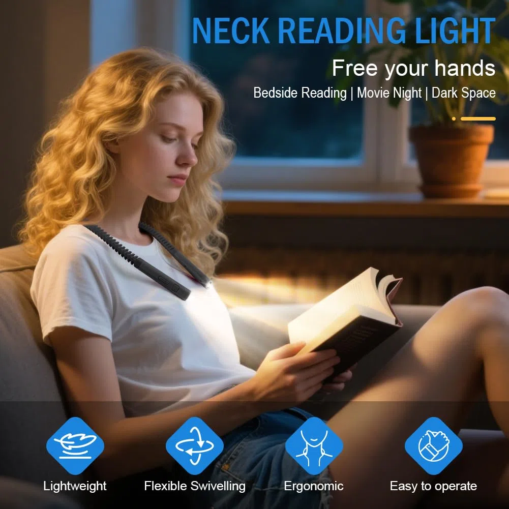AUAUY LED Luce Lettura Collo, Luce per Lettura Libri a Letto Collo, Timer 30/60min, 3 Colori, 5 Livelli di Luminosità, Lampada da per Libro Ricaricabile, per Studio,Viaggi e Maglia,Grigio