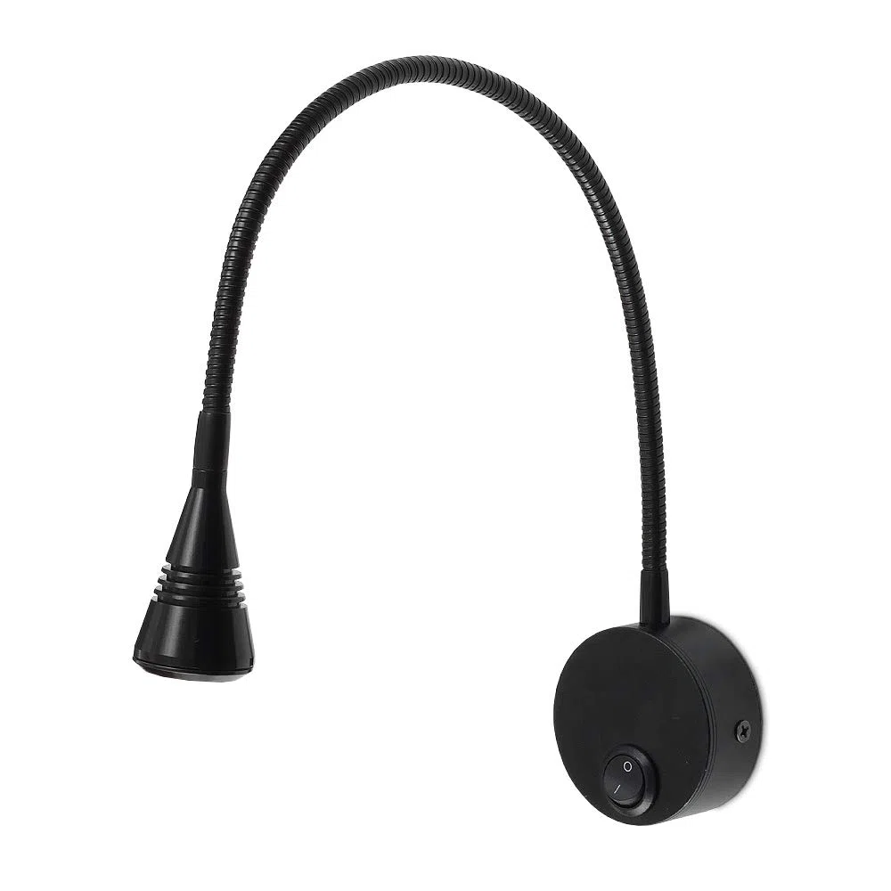 Kwazar Luminaire - Lampada da Parete con Interruttore da Lettura da Parete - Lampada a Collo di Cigno LED, 3W, Bianco Neutro 4000K, 180lm - Lampada per Camera da Letto, Soggiorno, Ufficio - LORIS Nero